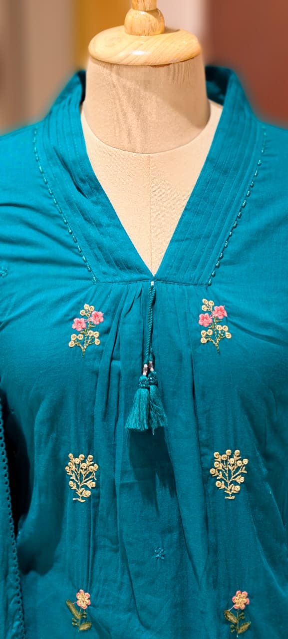 Premium Hand-Embroidered Aline Mul Cotton Kurta Pant Full Set With Tassel Detailing and Dupatta-12614,12615