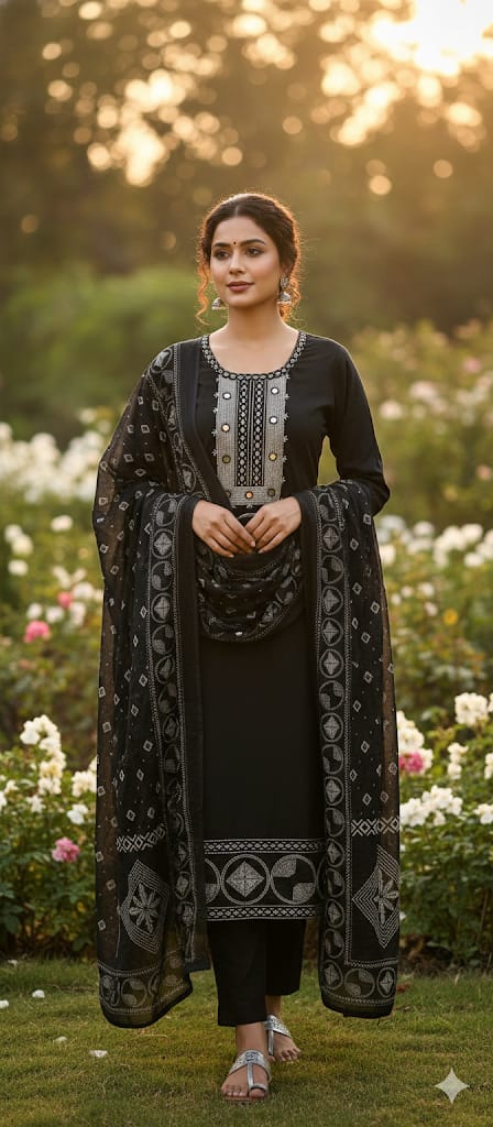 Mirror Work With Thread Embroidery & Printed Cotton Full Suit Set With Dupatta-13322