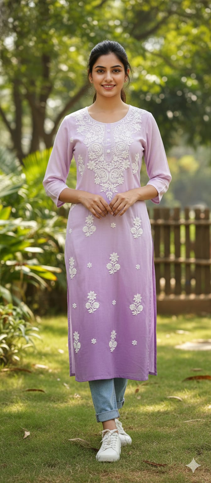 Dual Tone Pure Chikankari Work Cotton Kurti Only- 13271