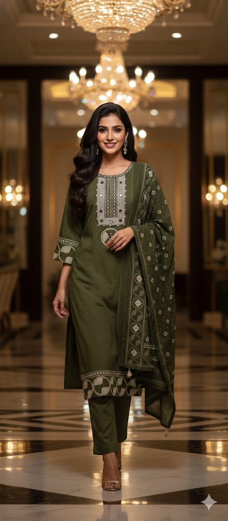 Mirror Work With Thread Embroidery & Printed Cotton Full Suit Set With Dupatta-13322