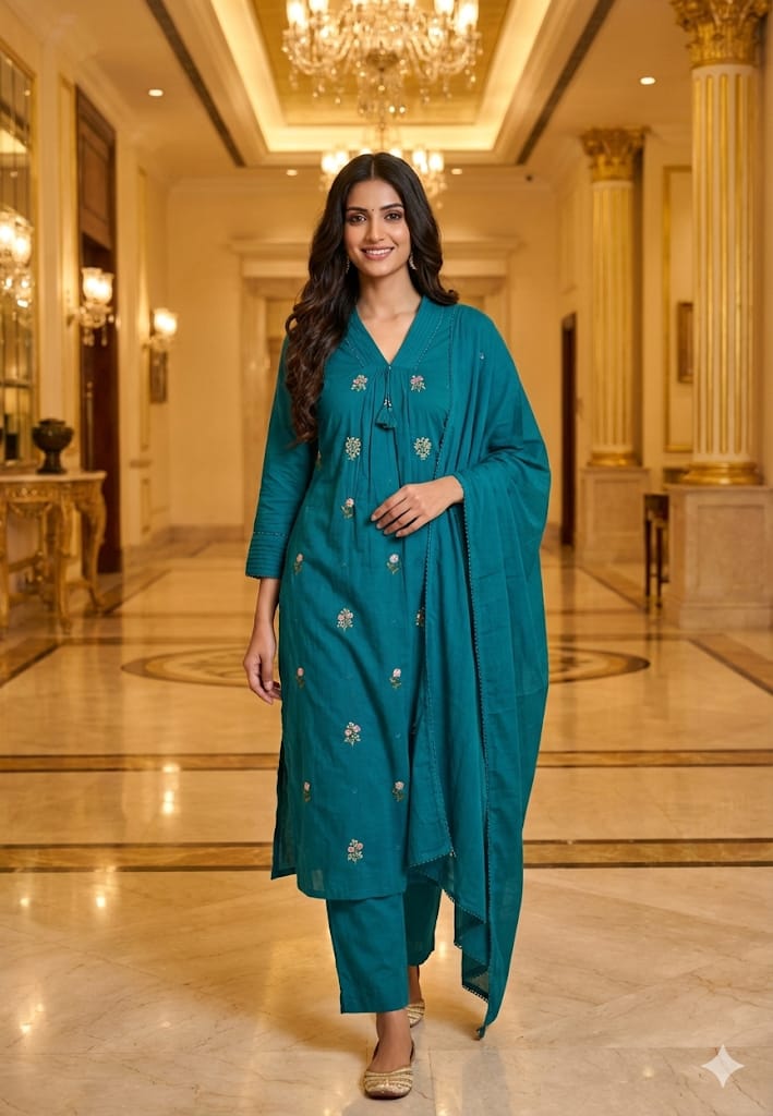 Premium Hand-Embroidered Aline Mul Cotton Kurta Pant Full Set With Tassel Detailing and Dupatta-12614,12615