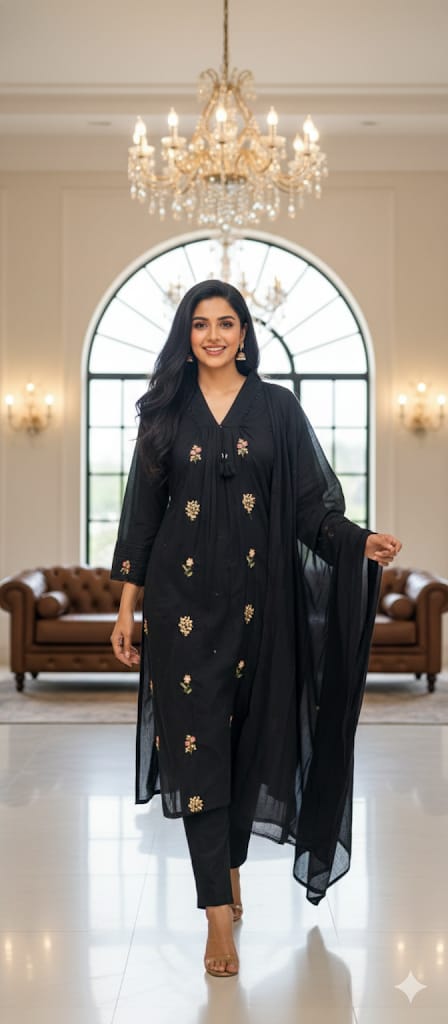 Premium Hand-Embroidered Aline Mul Cotton Kurta Pant Full Set With Tassel Detailing and Dupatta-12614,12615