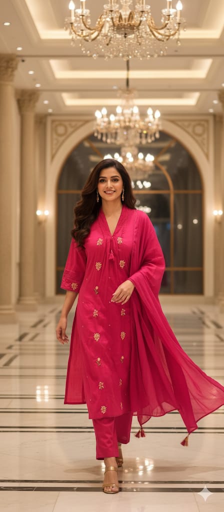 Premium Hand-Embroidered Aline Mul Cotton Kurta Pant Full Set With Tassel Detailing and Dupatta-12614,12615