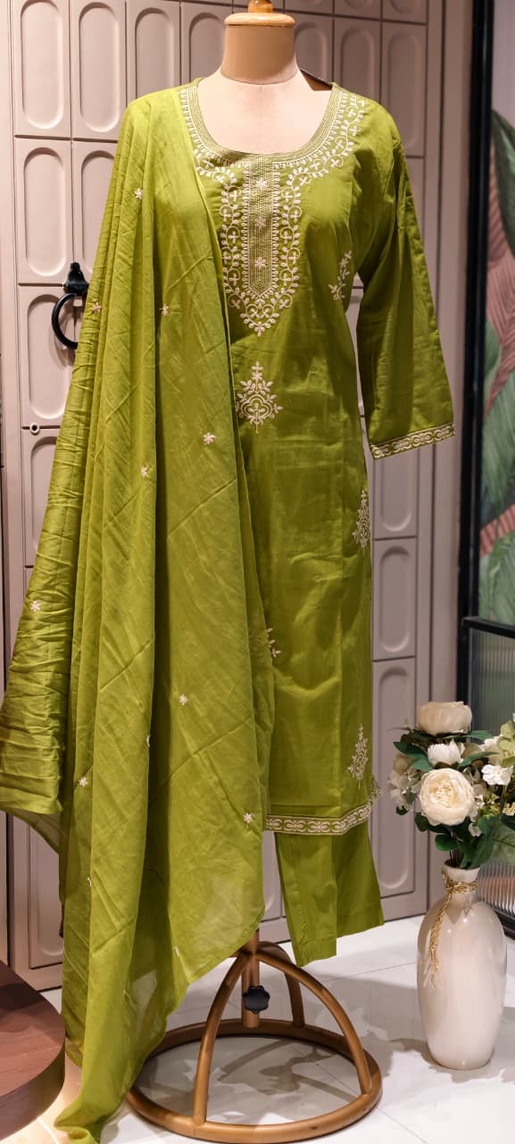 Rich Thread Embroidery Solid Cotton Straight Full Suit Set With Dupatta & Matching Bottom- 13320