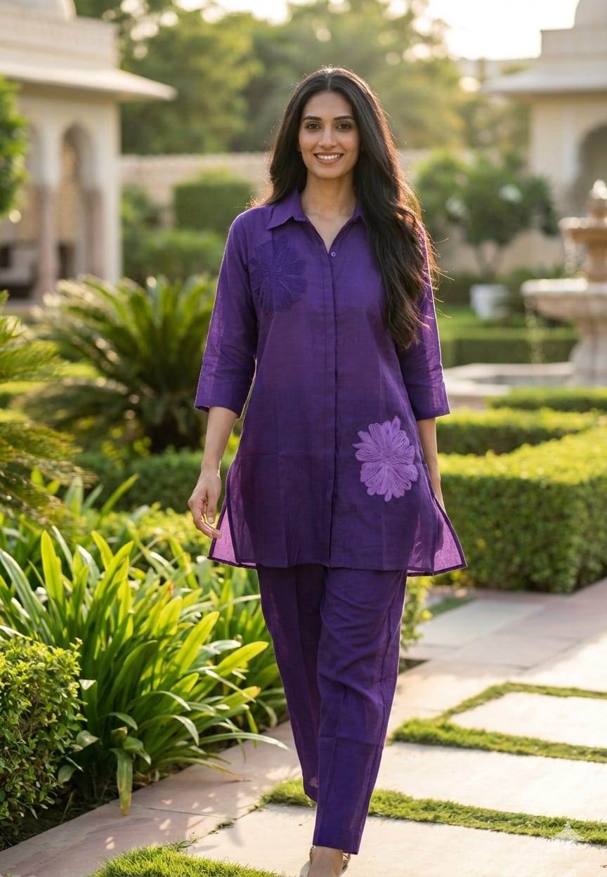 Floral Patched Look Embroidery Work Solid Ombre Shade Co-Ord Set-13270