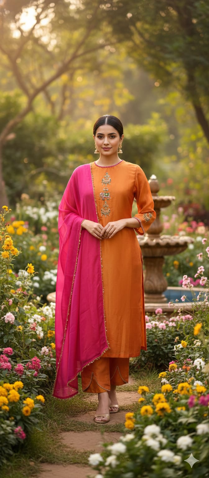 Minimal Kundan Figure Work Front Designed Solid Tissue Full Suit Set With Dupatta- 13377