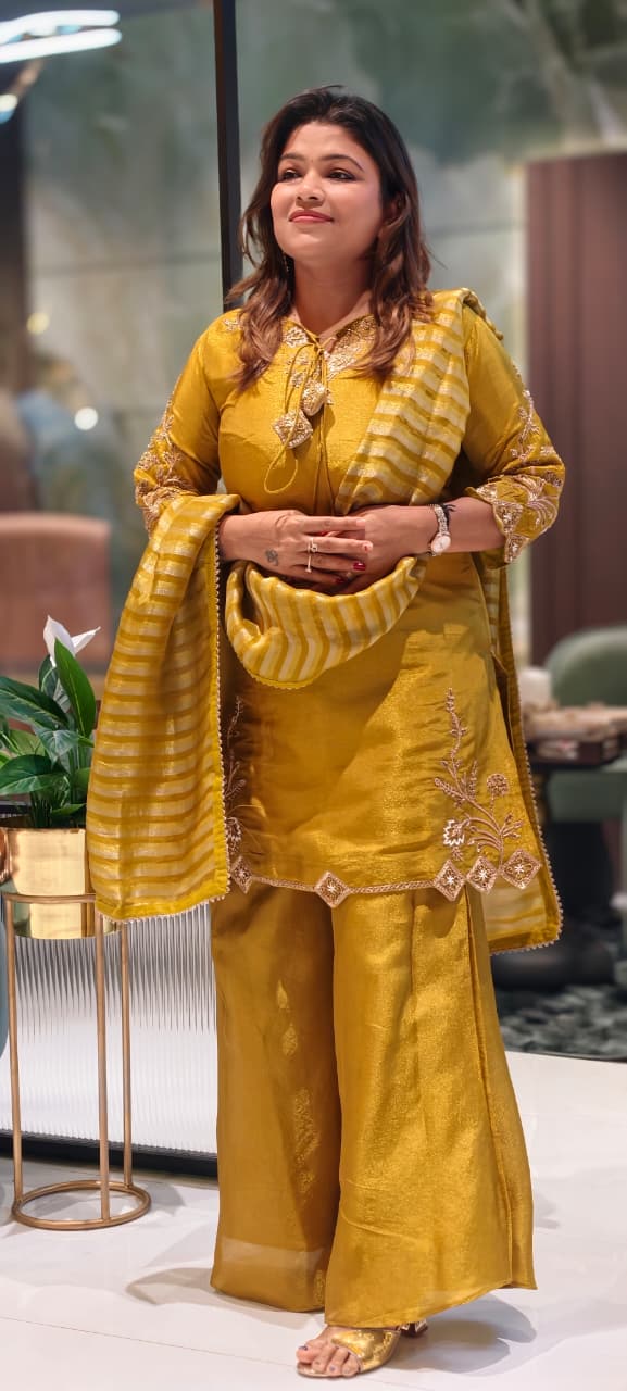 Noor Zari Embroidered Full Suit Set With Palazzo Bottom & Striped Dupatta In Tissue Fabric- 13301