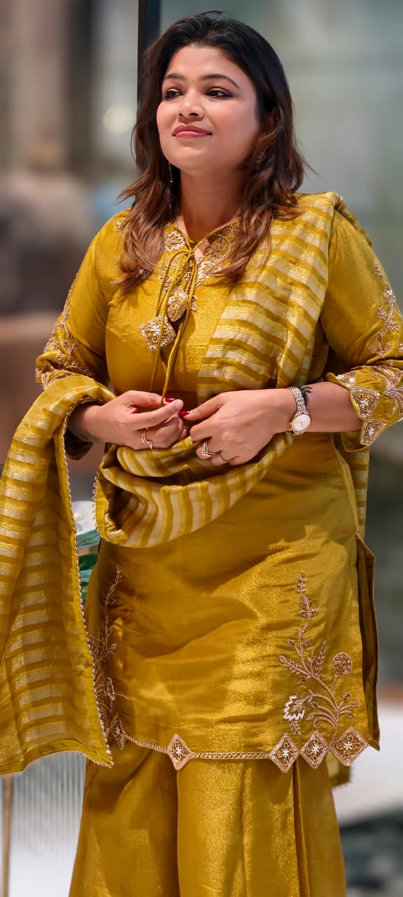 Noor Zari Embroidered Full Suit Set With Palazzo Bottom & Striped Dupatta In Tissue Fabric- 13301