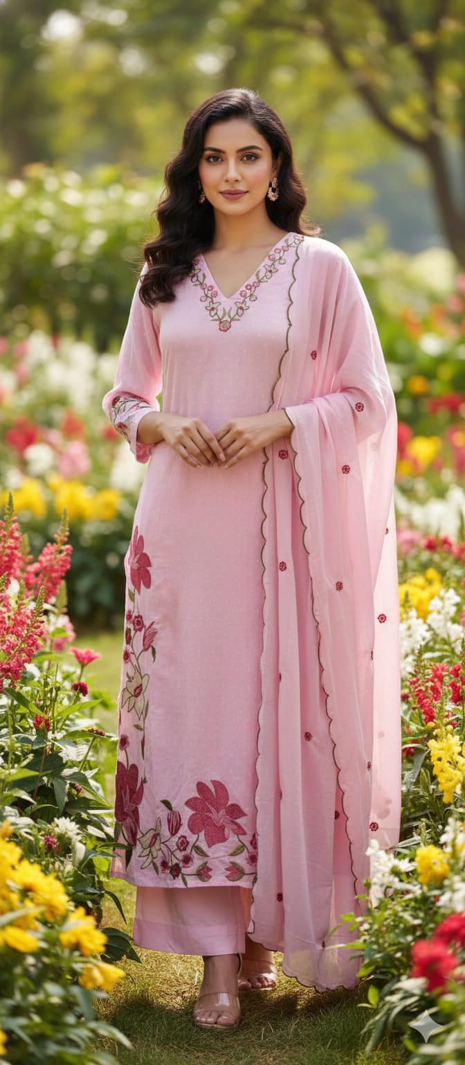 Soft Tone Cute Floral Embroidery A-Line Full Suit Set With Dupatta In Mul Cotton Fabric- 13330