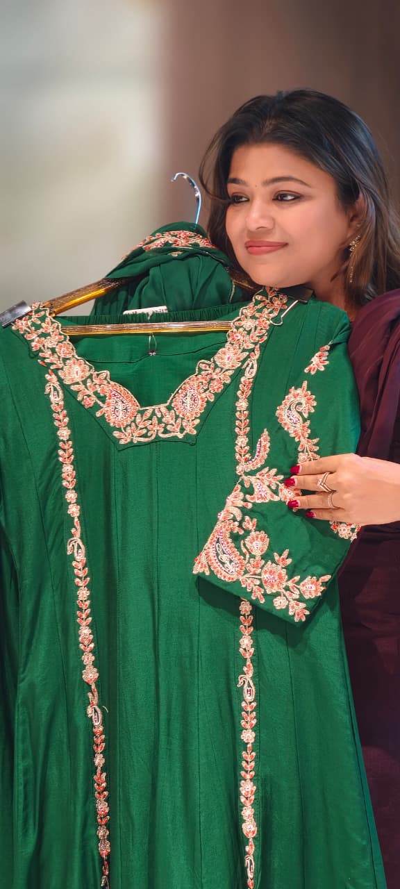 Regal Zardosi Vibrant A-Line Dola Silk Panel Anarkali Full Suit Set With Dupatta- 13308