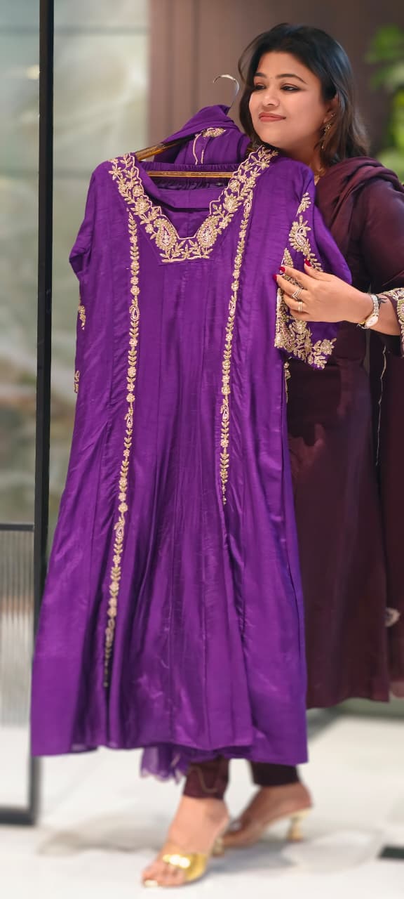 Regal Zardosi Vibrant A-Line Dola Silk Panel Anarkali Full Suit Set With Dupatta- 13308