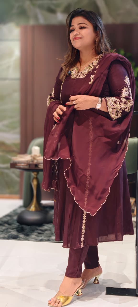 Regal Zardosi Vibrant A-Line Dola Silk Panel Anarkali Full Suit Set With Dupatta- 13308
