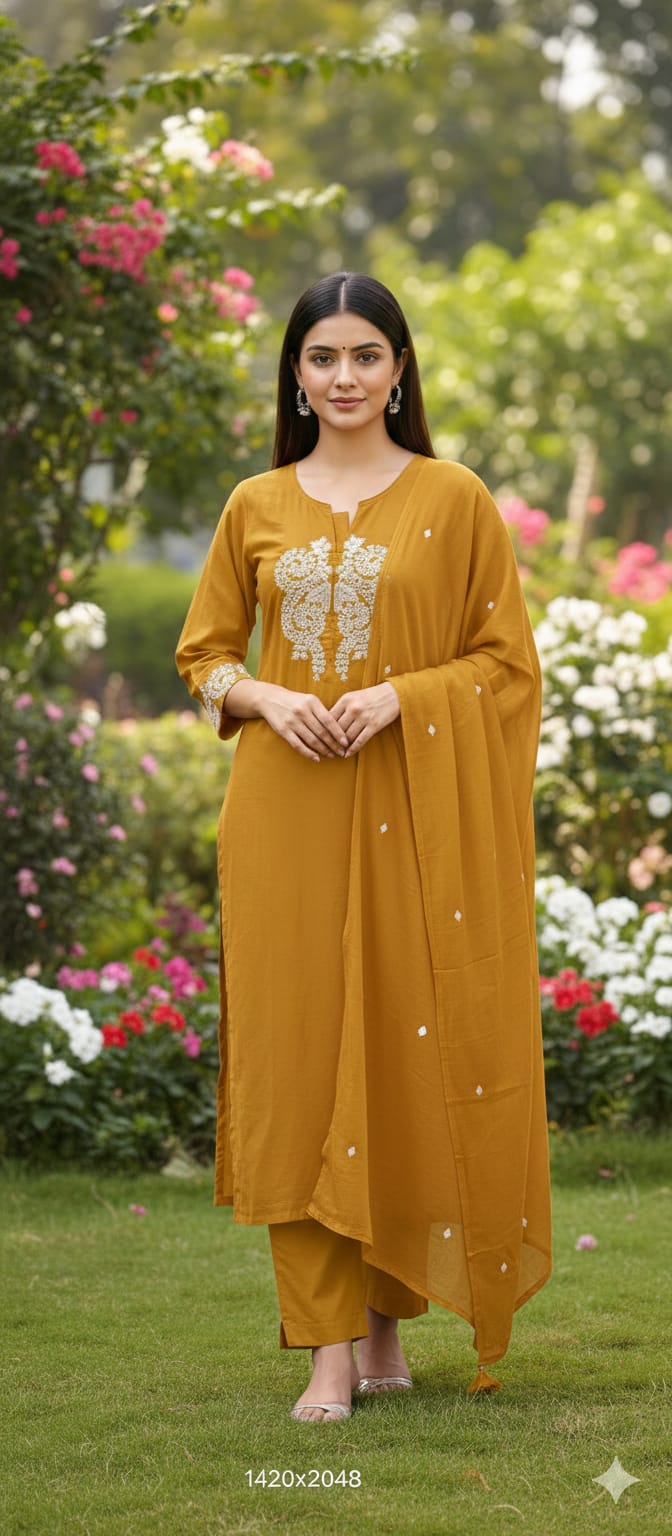 Minimal Work Yoke Solid Full Suit Set With Dupatta In Cotton Fabric- 13317