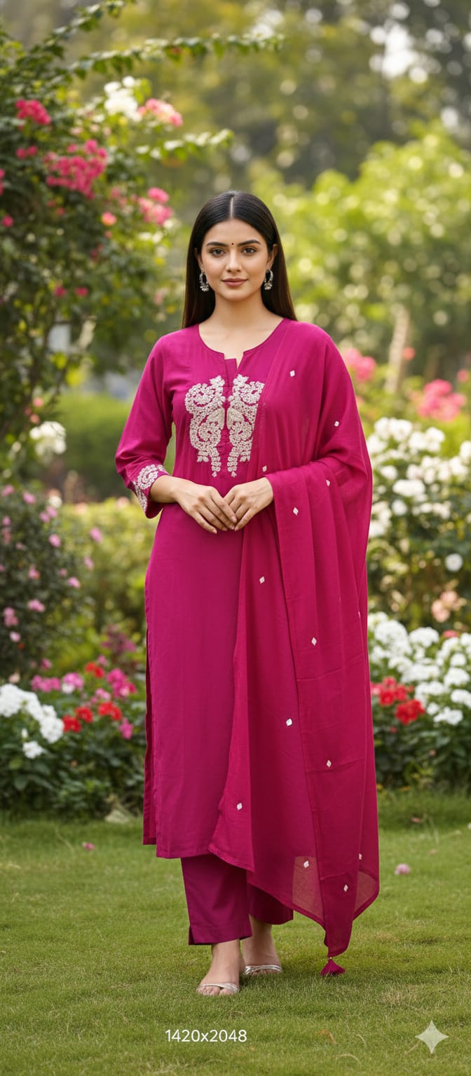 Minimal Work Yoke Solid Full Suit Set With Dupatta In Cotton Fabric- 13317