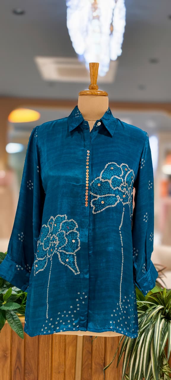 Scattered Bandhej Print Vibrant Crepe Collared Casual Shirt (Dispaching After 15 Days)