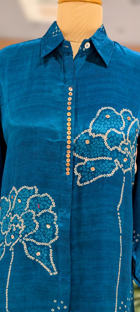 Scattered Bandhej Print Vibrant Crepe Collared Casual Shirt (Dispaching After 15 Days)
