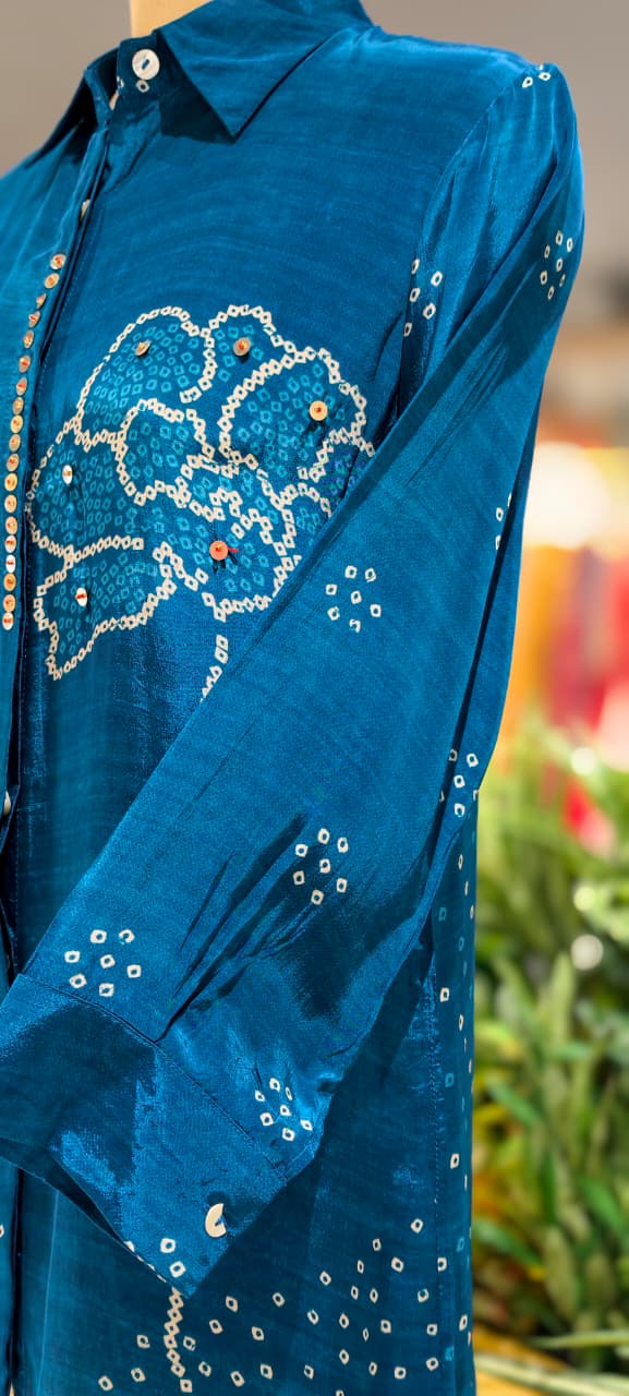 Scattered Bandhej Print Vibrant Crepe Collared Casual Shirt (Dispaching After 15 Days)