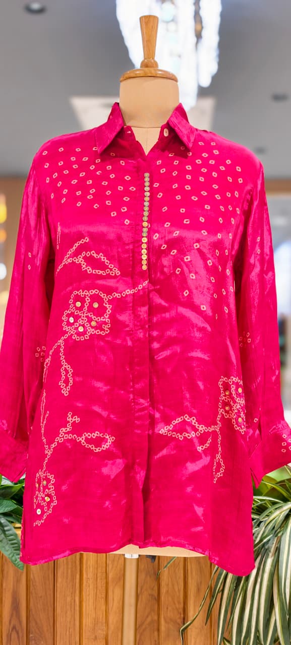 Scattered Bandhej Print Vibrant Crepe Collared Casual Shirt (Dispaching After 15 Days)