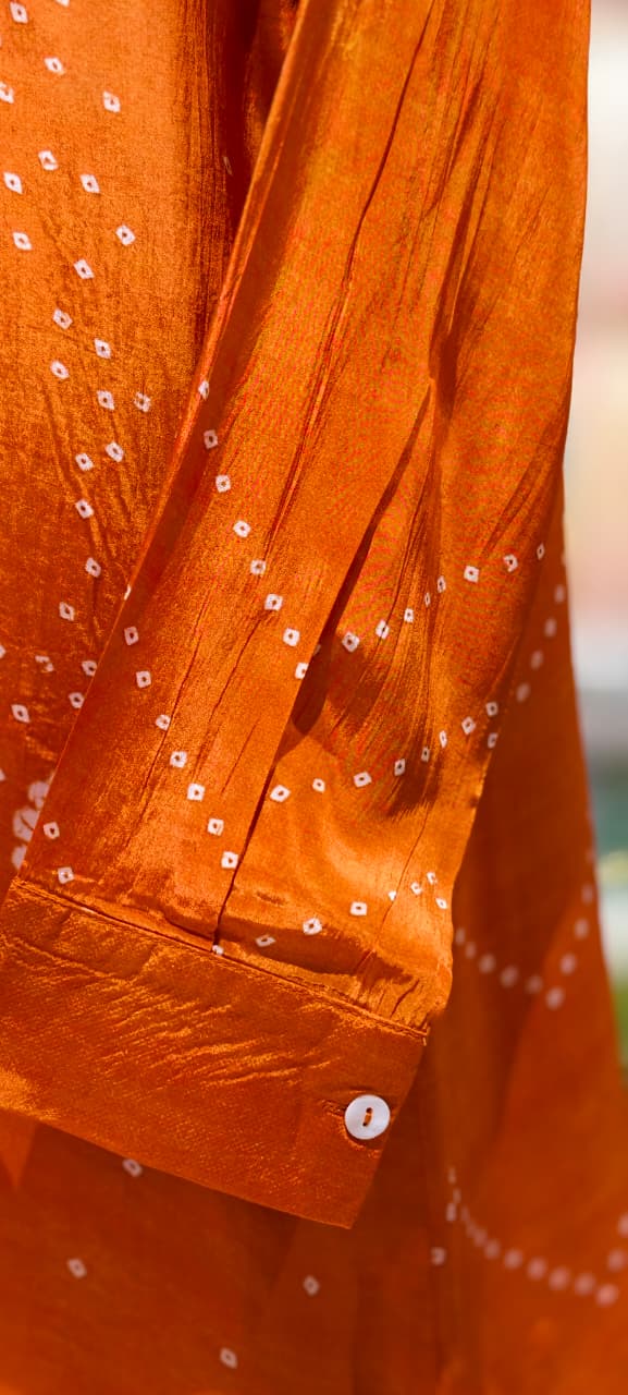 Scattered Bandhej Print Vibrant Crepe Collared Casual Shirt (Dispaching After 15 Days)