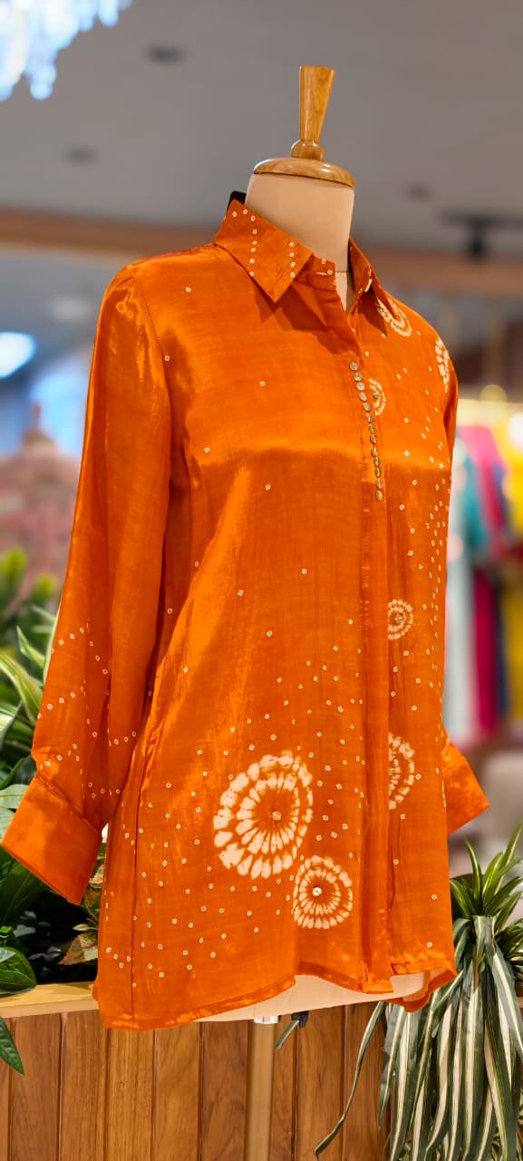 Scattered Bandhej Print Vibrant Crepe Collared Casual Shirt (Dispaching After 15 Days)