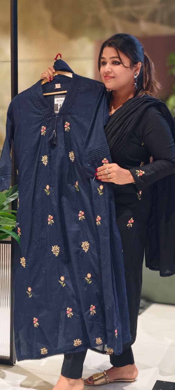 Premium Hand-Embroidered Aline Mul Cotton Kurta Pant Full Set With Tassel Detailing and Dupatta-12614,12615