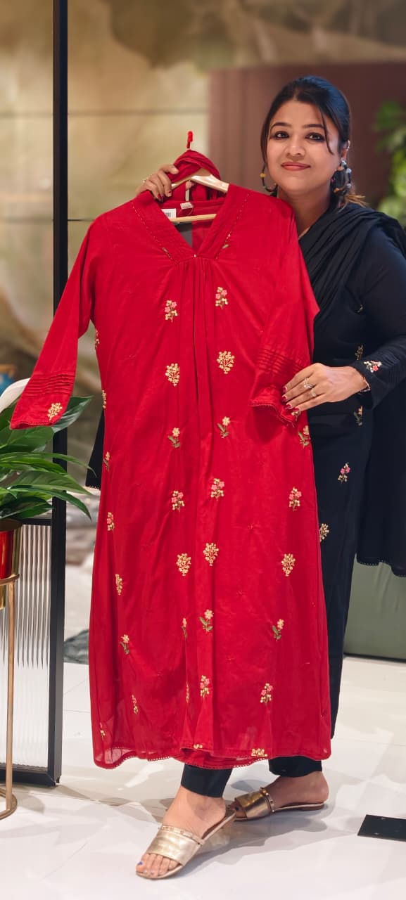 Premium Hand-Embroidered Aline Mul Cotton Kurta Pant Full Set With Tassel Detailing and Dupatta-12614,12615