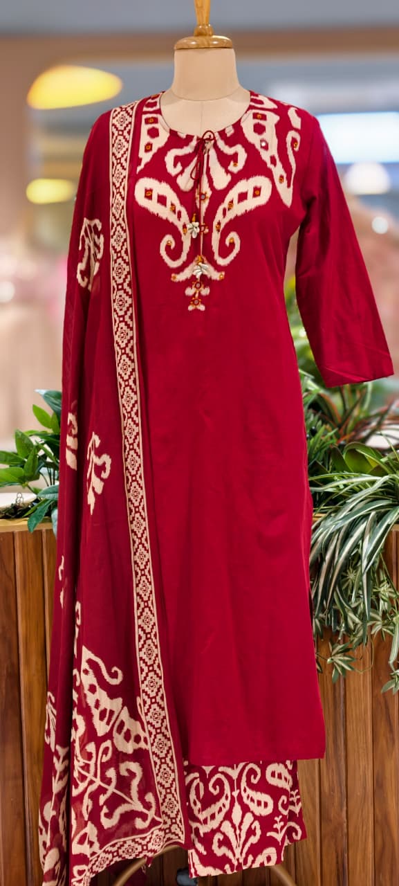 Ikkat Elegance Solid Bold Shade Cotton Full Suit Set With Dupatta- 13406