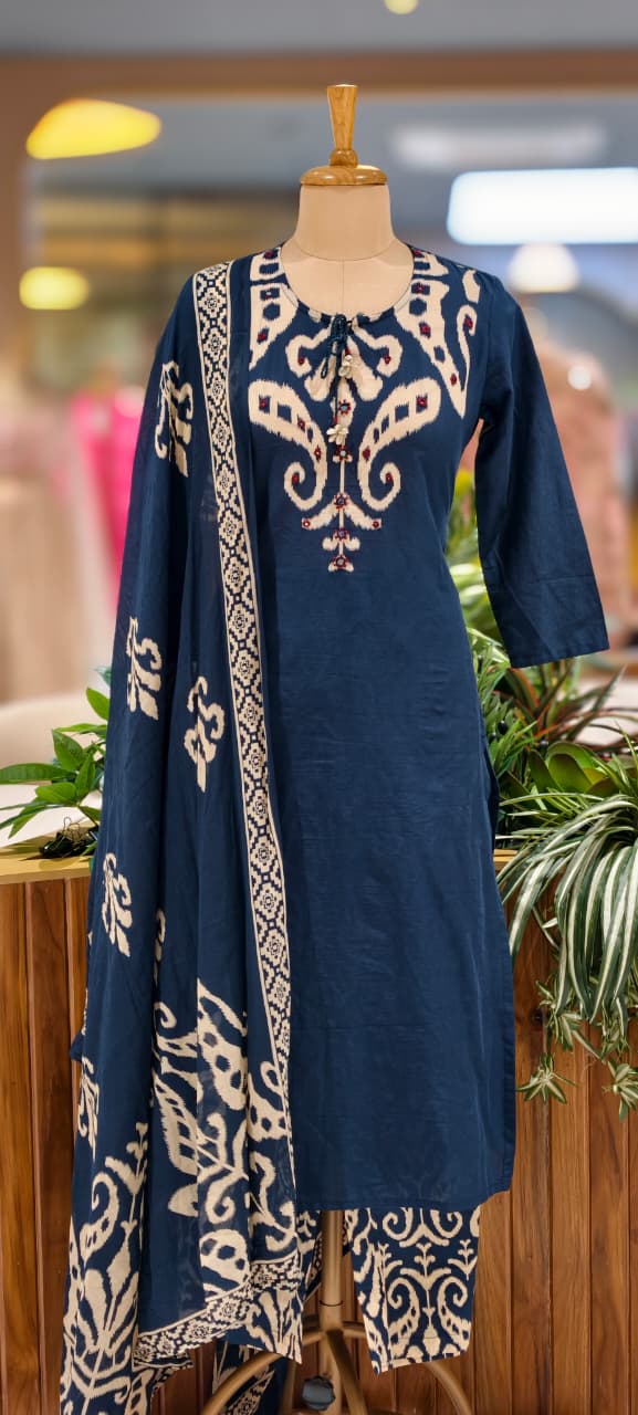 Ikkat Elegance Solid Bold Shade Cotton Full Suit Set With Dupatta- 13406