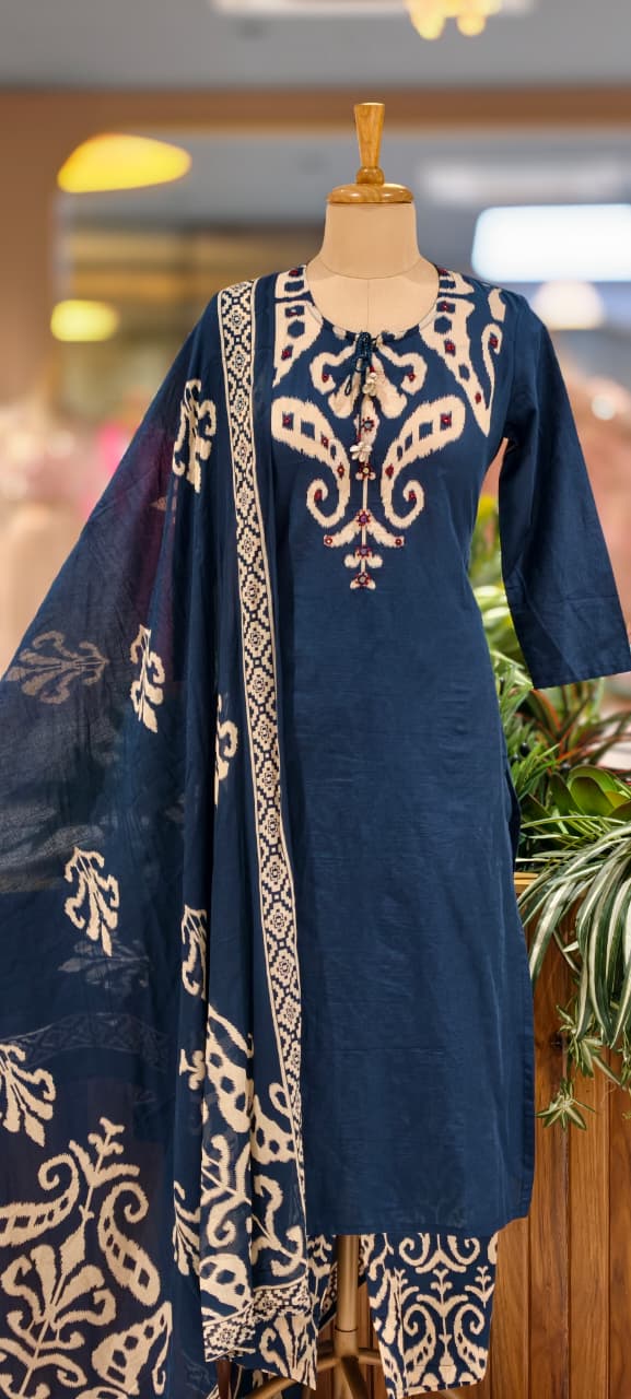 Ikkat Elegance Solid Bold Shade Cotton Full Suit Set With Dupatta- 13406