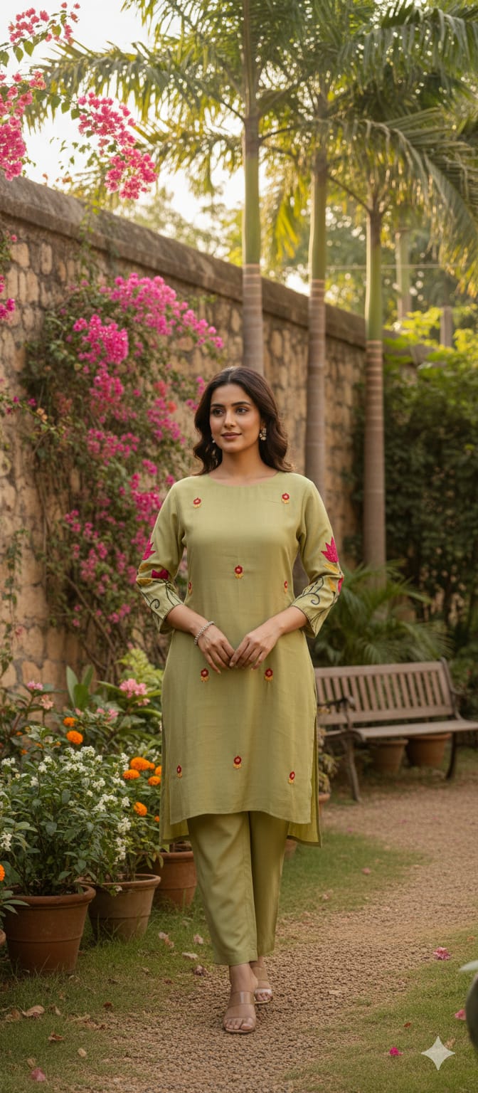 Pastel Shaded Soft Tone Pire Thread Embroidery Surat Mul Chanderi Co-Ord Set- 13410