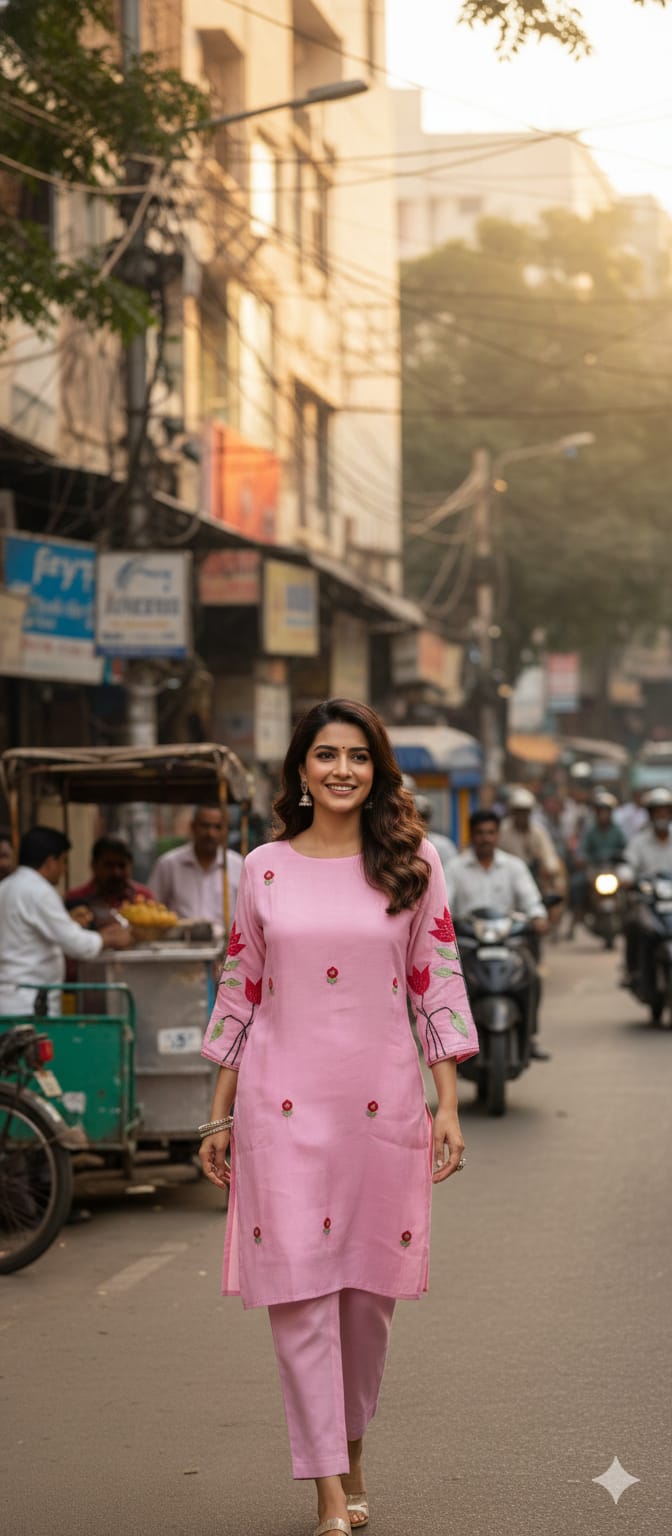 Pastel Shaded Soft Tone Pire Thread Embroidery Surat Mul Chanderi Co-Ord Set- 13410