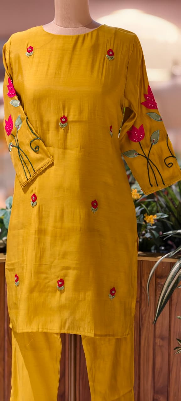 Pastel Shaded Soft Tone Pire Thread Embroidery Surat Mul Chanderi Co-Ord Set- 13410