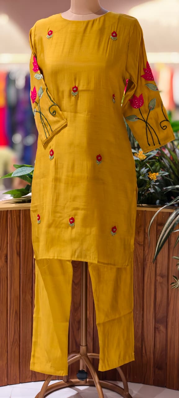 Pastel Shaded Soft Tone Pire Thread Embroidery Surat Mul Chanderi Co-Ord Set- 13410