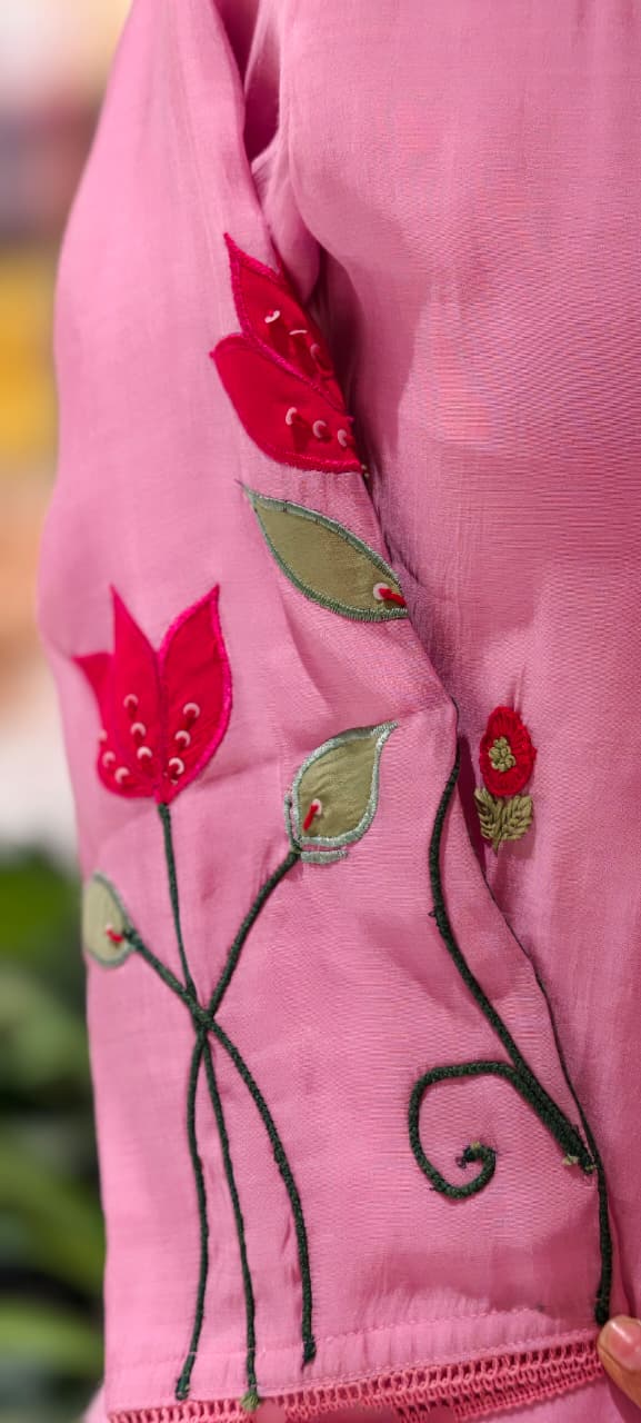 Pastel Shaded Soft Tone Pire Thread Embroidery Surat Mul Chanderi Co-Ord Set- 13410