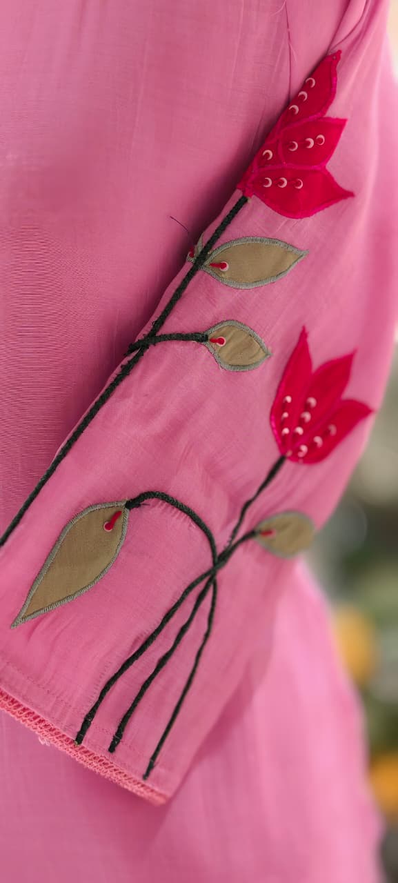 Pastel Shaded Soft Tone Pire Thread Embroidery Surat Mul Chanderi Co-Ord Set- 13410