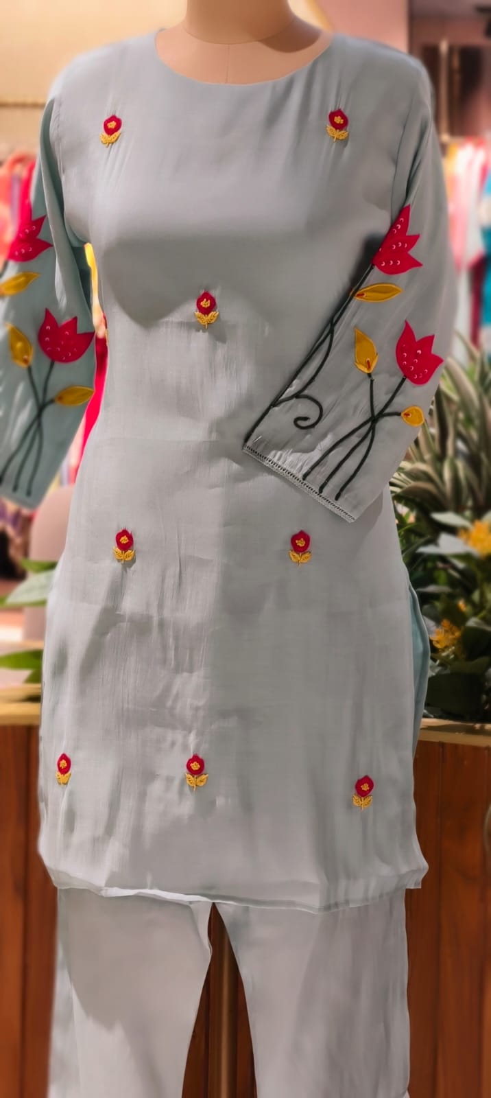 Pastel Shaded Soft Tone Pire Thread Embroidery Surat Mul Chanderi Co-Ord Set- 13410