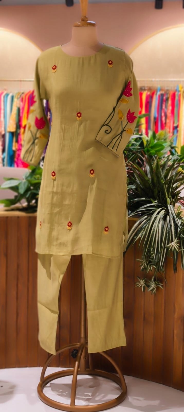 Pastel Shaded Soft Tone Pire Thread Embroidery Surat Mul Chanderi Co-Ord Set- 13410