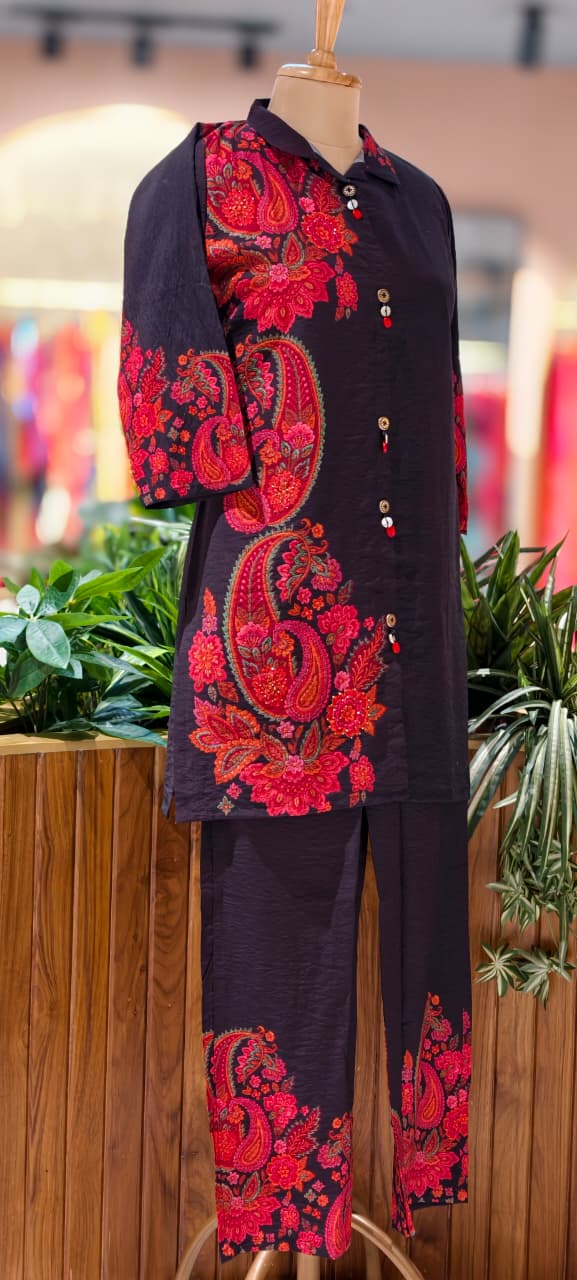 Vibrant Mango Buti Floral Print Buttoned Co-Ord Set In Nylon Viscose Silk Fabric- 13430