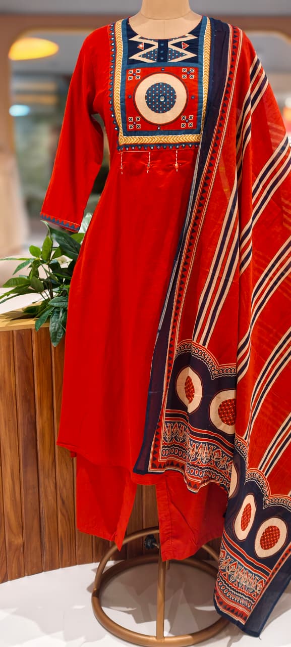 Premium Cotton  Kurta Pant Dupatta Set with Traditional Geometric Print Yoke, Contrast Borders, Elegant Straight Silhouette & Printed Dupatta-13402