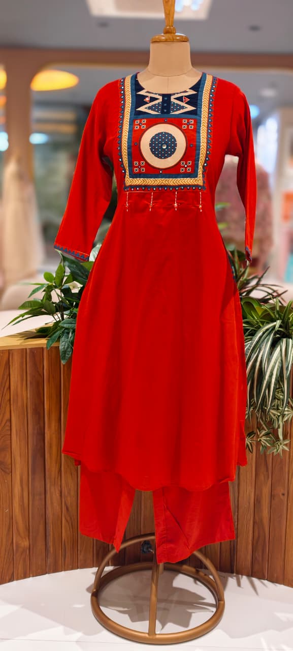 Premium Cotton  Kurta Pant Dupatta Set with Traditional Geometric Print Yoke, Contrast Borders, Elegant Straight Silhouette & Printed Dupatta-13402