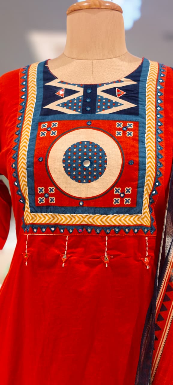 Premium Cotton  Kurta Pant Dupatta Set with Traditional Geometric Print Yoke, Contrast Borders, Elegant Straight Silhouette & Printed Dupatta-13402