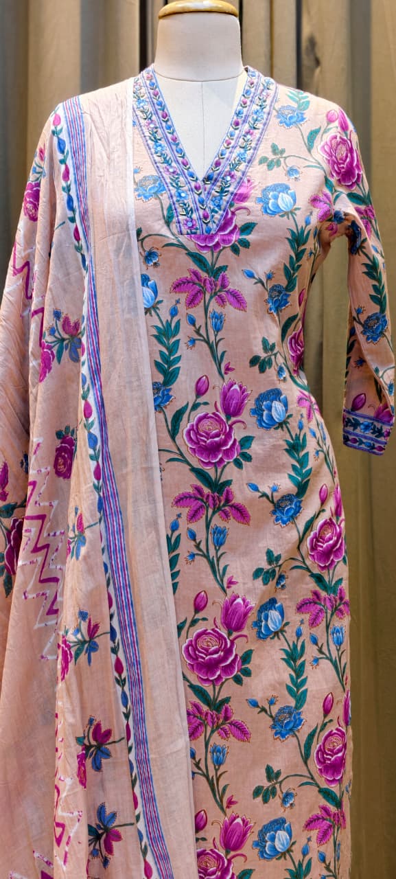 Floral Elegance Complete Printed Cotton Full Suit Set With Dupatta- 13372