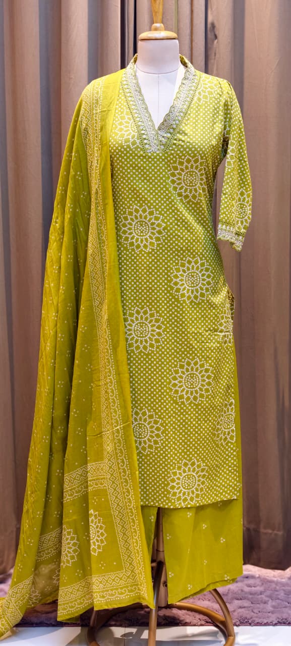 Dotted Floral Print Beautiful Neck Line Cotton Full Suit Set With Dupatta- 13319,13353