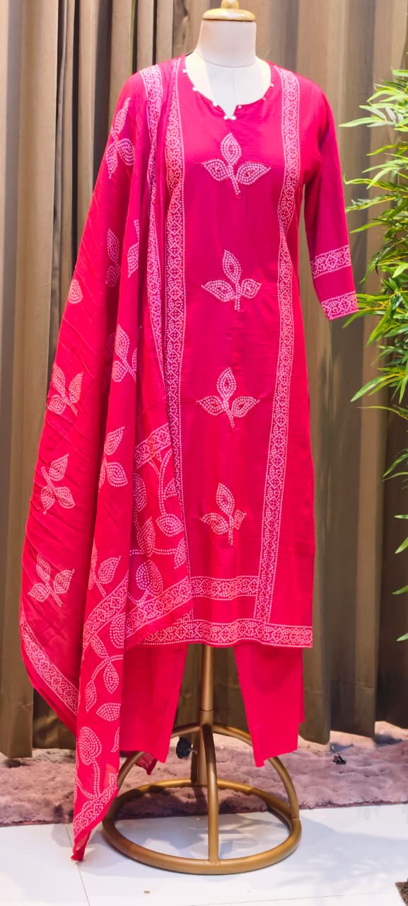 Vibrant Tone Dotted Printed Full Suit Set With Dupatta In Cotton Fabric- 13283