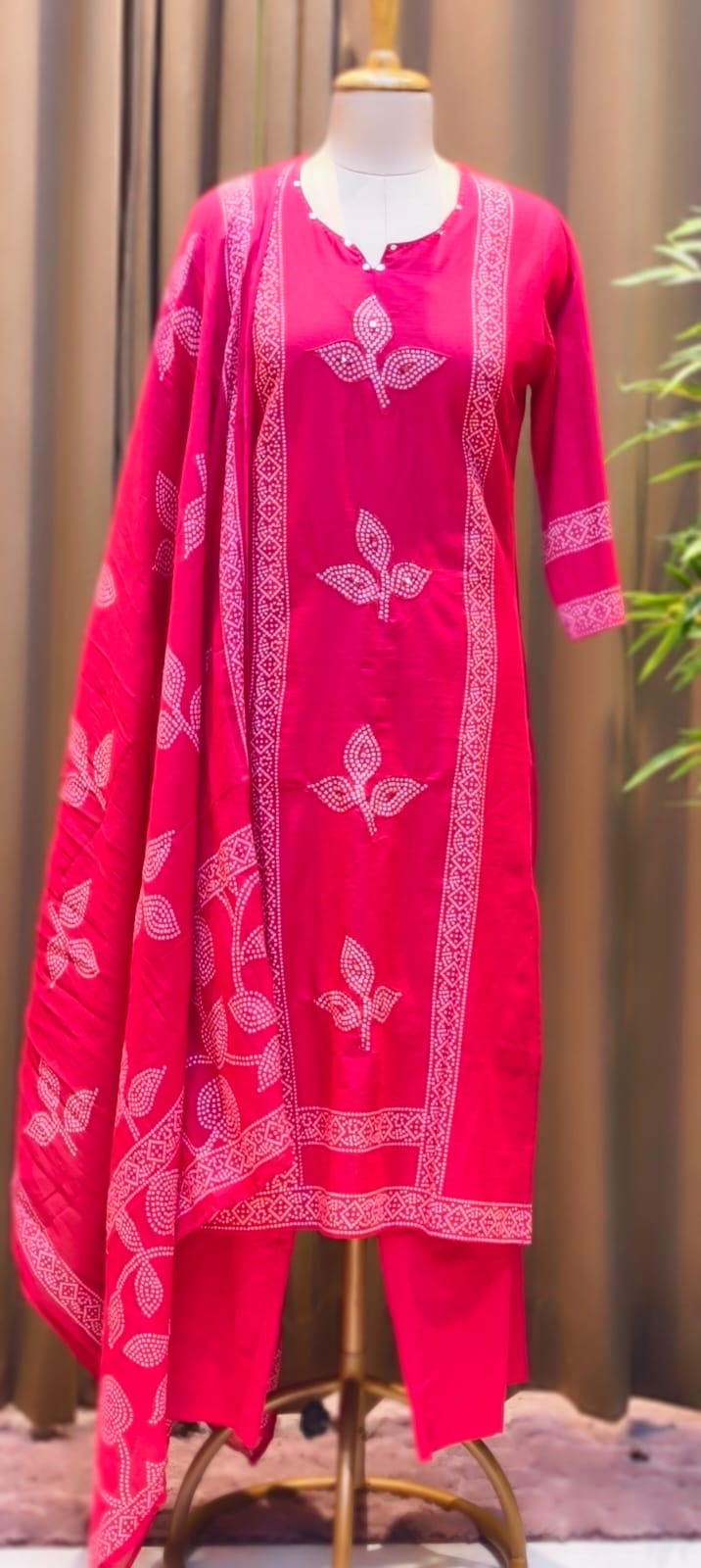Vibrant Tone Dotted Printed Full Suit Set With Dupatta In Cotton Fabric- 13283