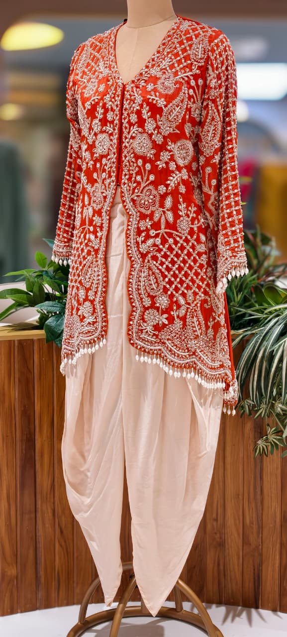 Graceful Sunset Heavy Hand Embroidered Work Embellished Festive Wear Kurta With Tulip Kind Bottom- 12966