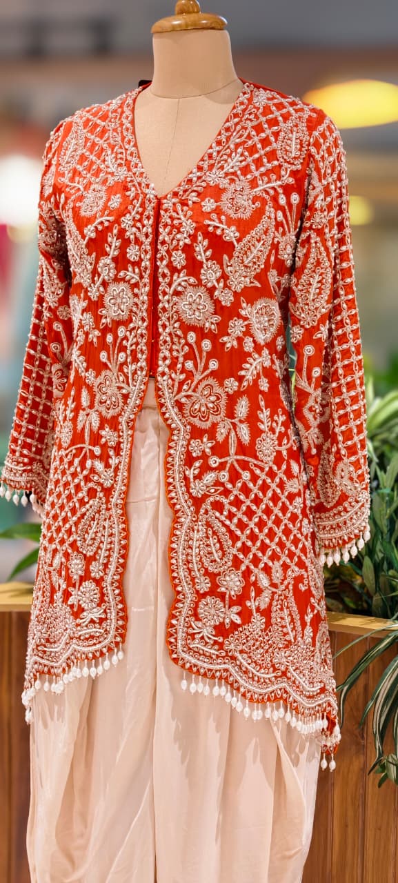Graceful Sunset Heavy Hand Embroidered Work Embellished Festive Wear Kurta With Tulip Kind Bottom- 12966