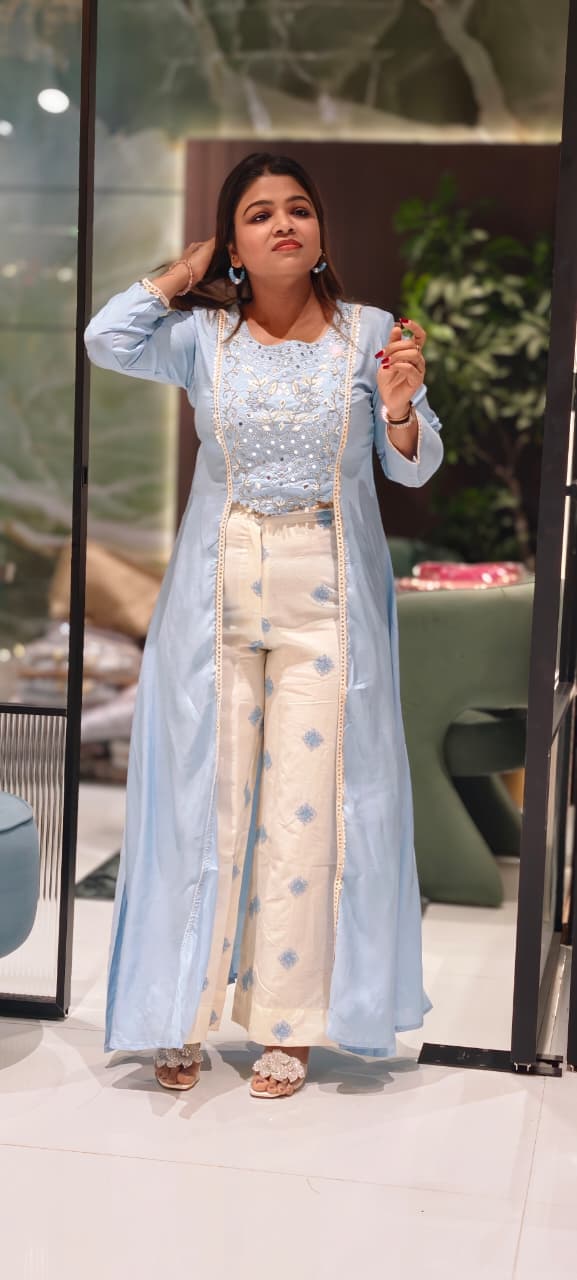 Pastel Elegance Intricate Embroidery Indo Wear Kurta With Bottom In Slub Cotton Fabric- 13496