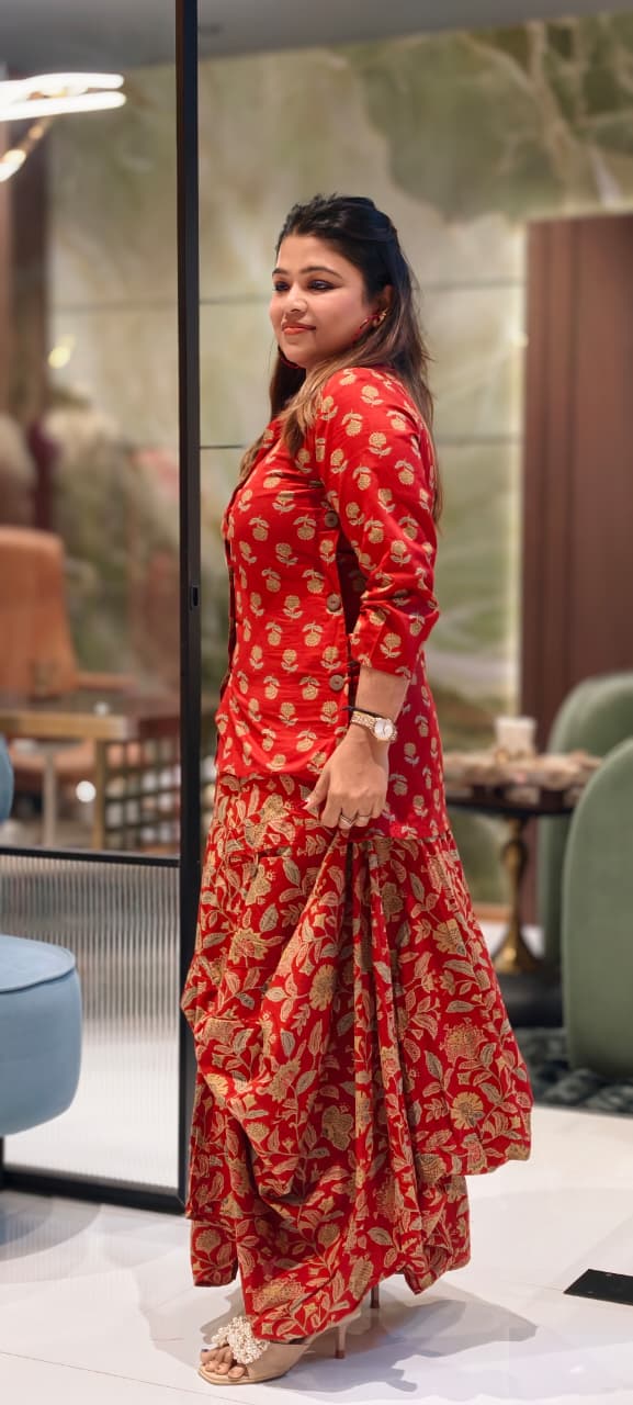 Pure Cotton Collared Printed Short Length Kurta With Cowl Style Skirt- 13494