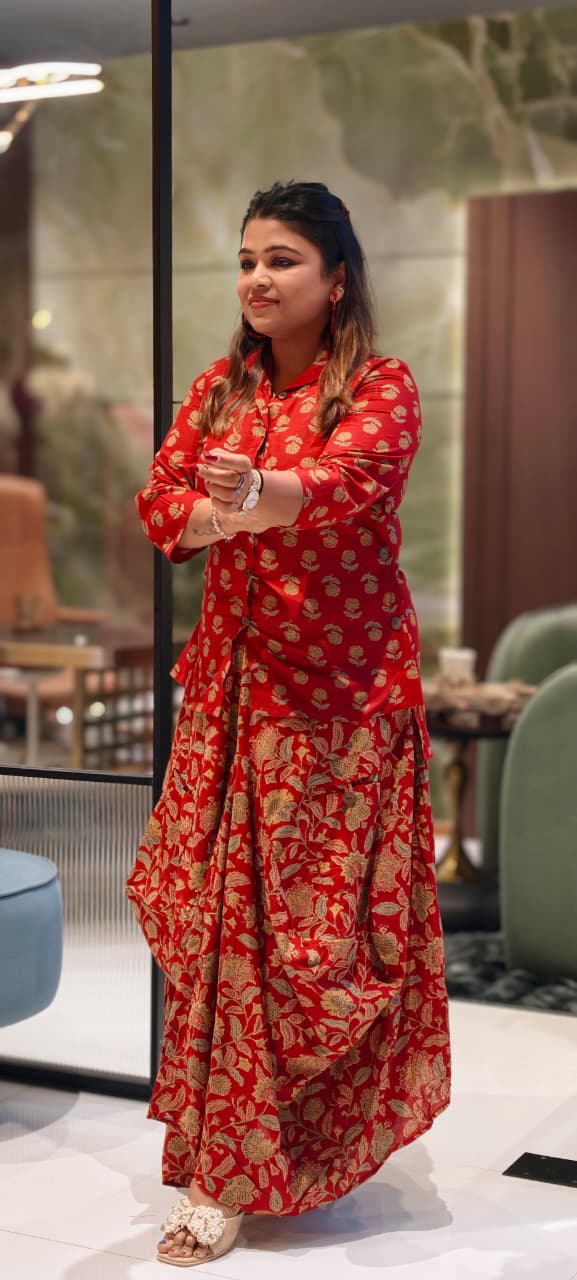 Pure Cotton Collared Printed Short Length Kurta With Cowl Style Skirt- 13494